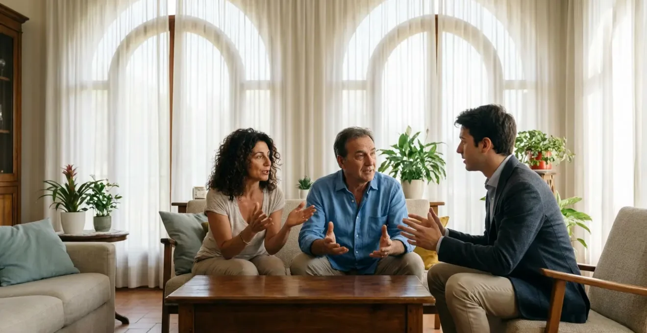 Coppia italiana discute con professionista immobiliare in soggiorno luminoso