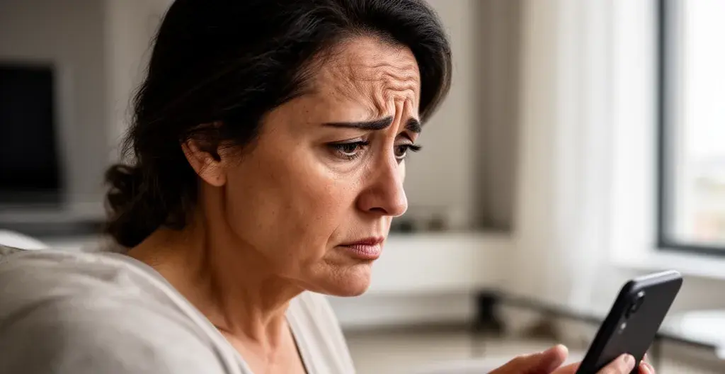 Donna italiana guarda smartphone con espressione scettica mentre valuta agente immobiliare