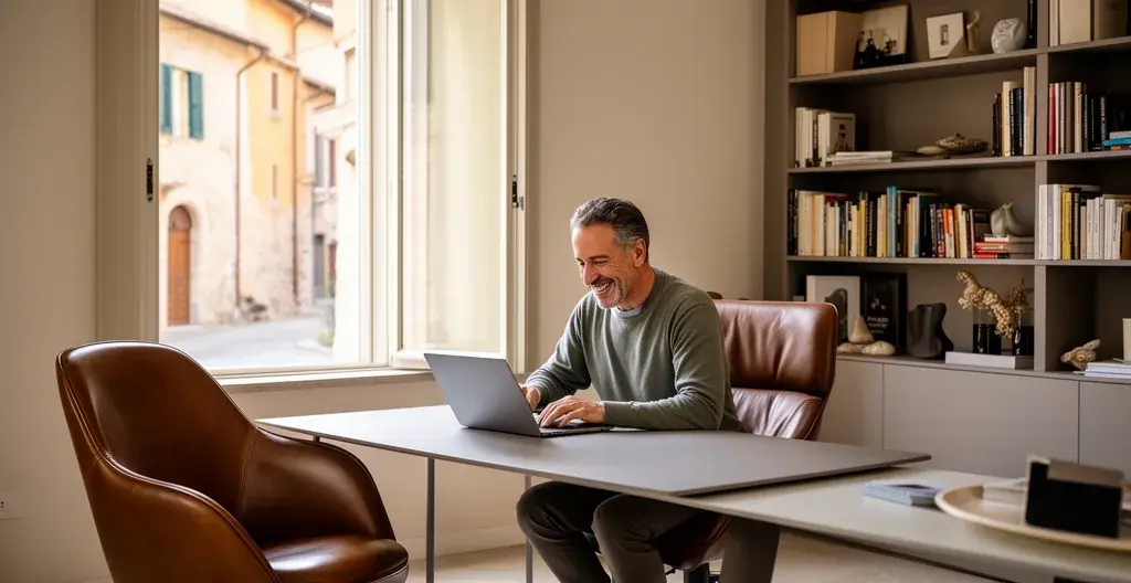 Uomo italiano consulta laptop per confrontare agenti immobiliari online