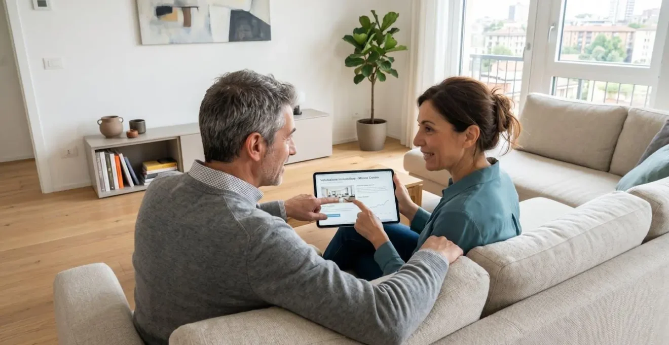 Coppia italiana di mezza età seduta su divano moderno consulta insieme uno schermo tablet con espressione concentrata in salotto luminoso