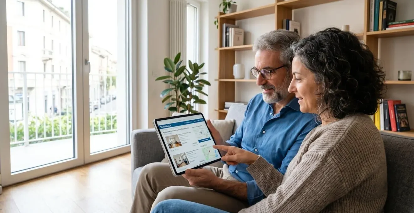 Coppia italiana di mezza età seduta su divano moderno consulta insieme uno schermo tablet con espressione concentrata in salotto luminoso
