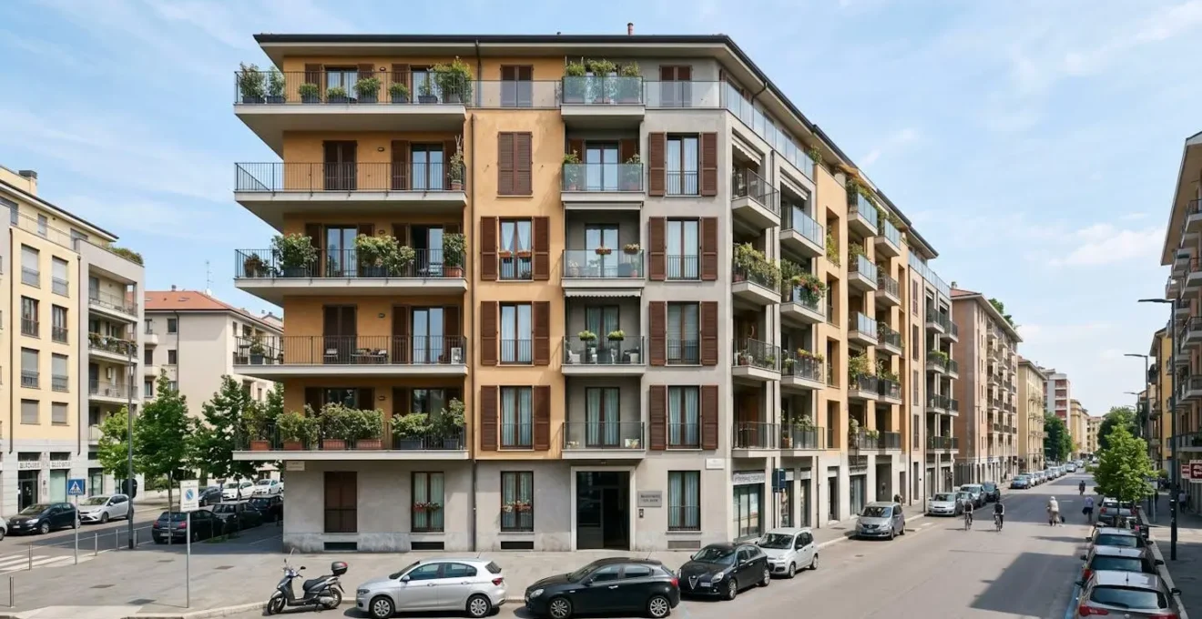 Vista esterna di una facciata di palazzo residenziale italiano contemporaneo con balconi e persiane in zona urbana semicentrale con strada pulita e luce naturale diurna