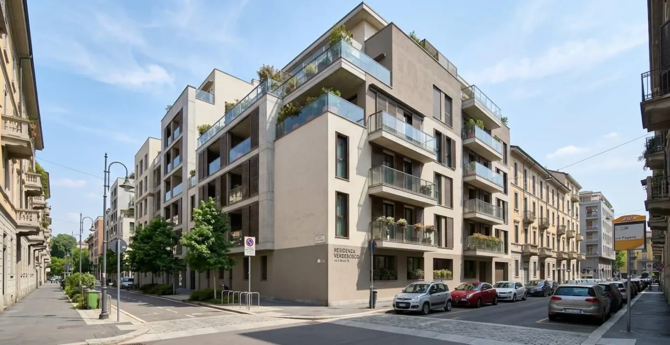 Vista esterna di una facciata di palazzo residenziale italiano contemporaneo con balconi e persiane in zona urbana semicentrale con strada pulita e luce naturale diurna