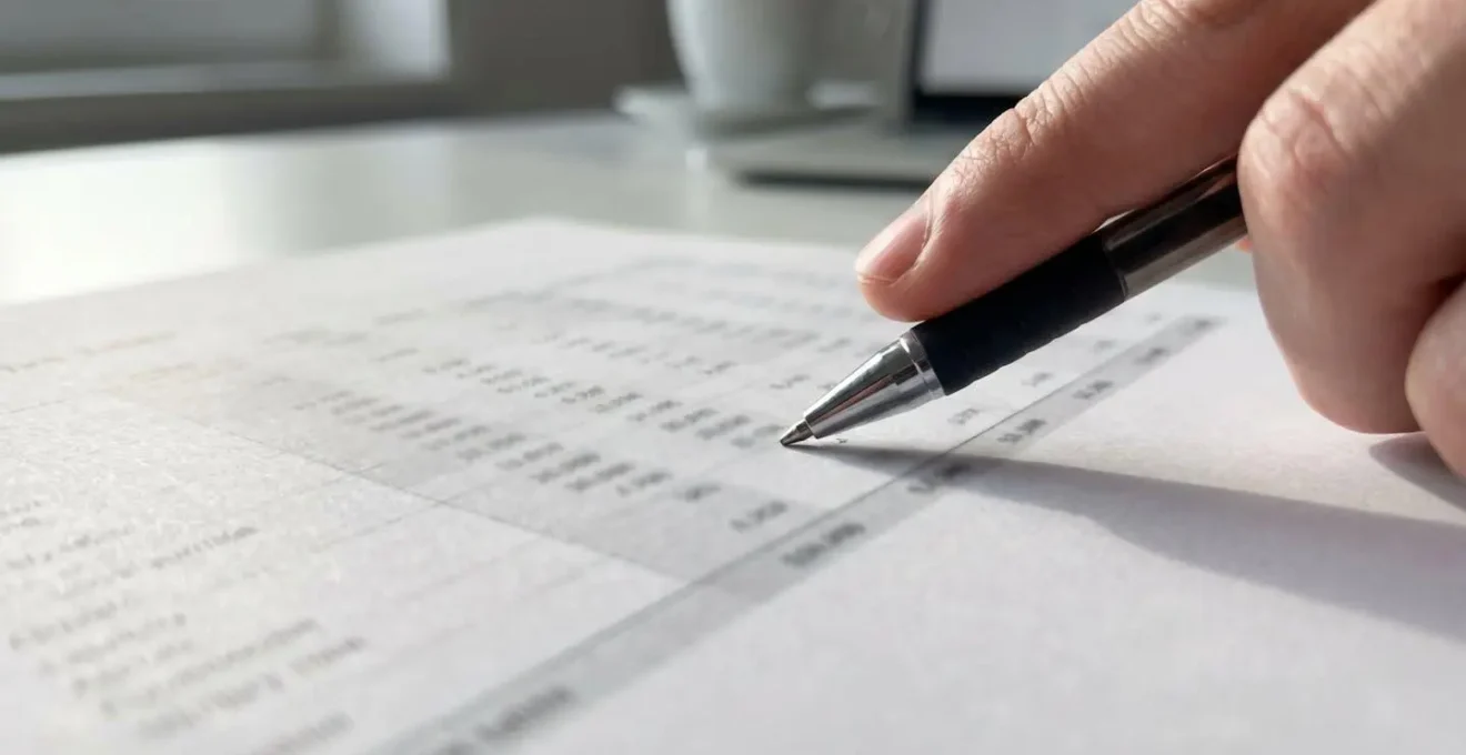 Dettaglio macro di una mano che punta con una penna su un documento cartaceo contenente una tabella con numeri, su scrivania moderna pulita con luce naturale laterale