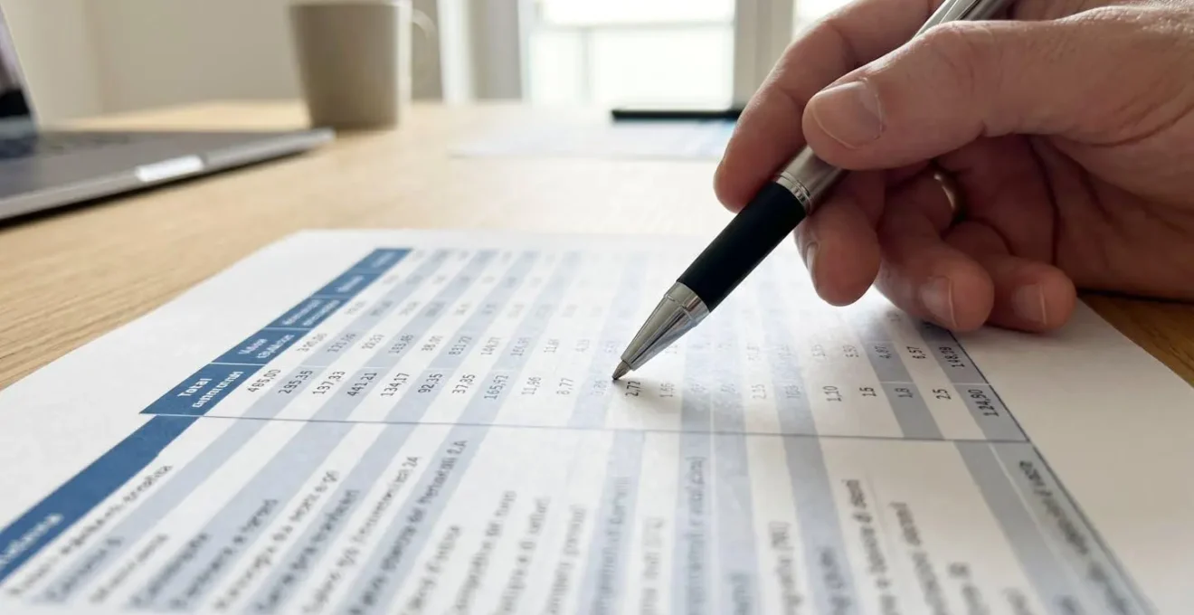Dettaglio macro di una mano che punta con una penna su un documento cartaceo contenente una tabella con numeri, su scrivania moderna pulita con luce naturale laterale