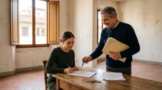 Un proprietario e un inquilino firmano un contratto di affitto in un appartamento vuoto con soffitti alti a Firenze.