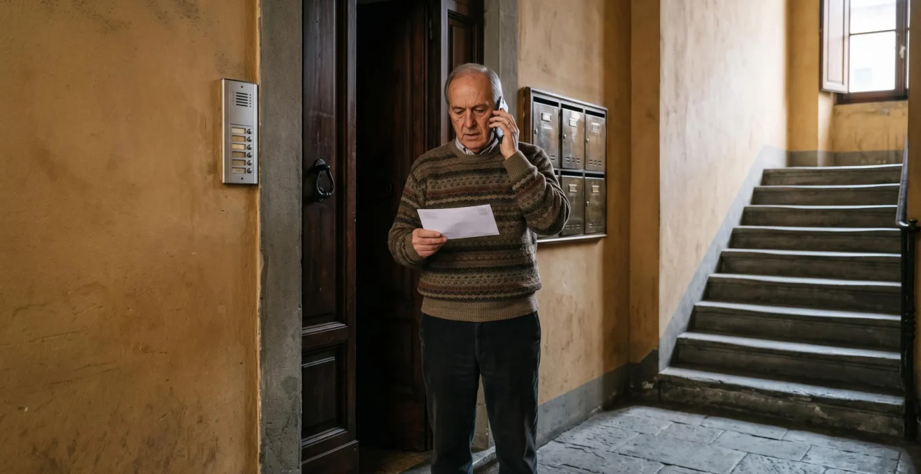 Un proprietario parla al telefono in un atrio di condominio a Firenze tenendo in mano una lettera raccomandata.