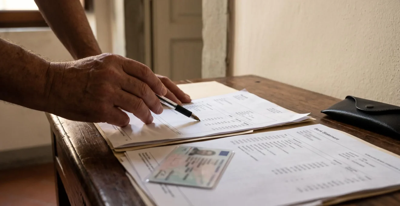 Le mani di un proprietario esaminano buste paga e documenti di un candidato inquilino su un tavolo di legno.